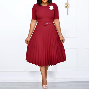 <b>Plus</b> <b>Size</b> Women's Round Neck Pleated Midi Dress With <b>Belt</b> Leisure Wear - Product Image 3
