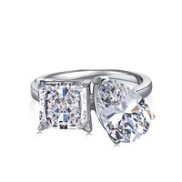 À la mode Double Pierre 925 Bague Cubique Zircone 8A Diamant Bague De Fiançailles De Mariage Toi Et Moi Bijoux De Mode En Argent Sterling