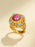 Bague Unisexe Vintage en Argent Sterling 925 Plaqué Or, Motif Pièce de Monnaie Filigranée Creuse, Grande Pierre Rouge Porte-Bonheur Feng Shui – Vente en Gros