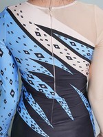 Justaucorps de gymnastique noir et bleu avec logo imprimé et manches asymétriques, tenue de compétition de danse personnalisée