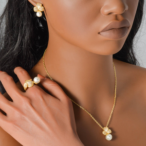 Ensemble de bijoux pour femmes, collier et boucles d'oreilles en spirale avec zircon et perle plaqué or 18 carats, vente en gros de mode haut de gamme - Product Image 4