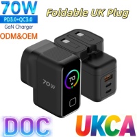 Chargeur mural rapide USB-C Tommox 70W GaN PPS Type-C avec prise UK, 3 ports et écran LED TFT pour tablette et iPad