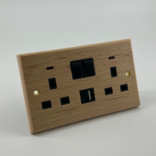 Factory Directly Switched Double 13A Socket with Usb+type c Wood Panel Electrical Supplier Wall Switch and Socket