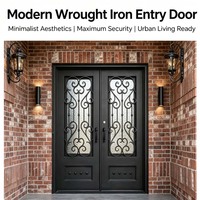 Porte d'entrée double en fer forgé, moderne, à cadre plat, avec grille florale, en verre trempé isolant et antivol, pour villa et maison