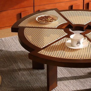 Japanese Style Round Solid Wood Coffee Table Rattan <b>Top</b> Walnut Color Minimalist Design Living Room Bedroom Use - Product Image 3