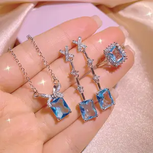 Luxury Jewelry KISS0127 Extremely Beautiful Creative Ocean Blue Zircon Bridal Jewelry Set For Women