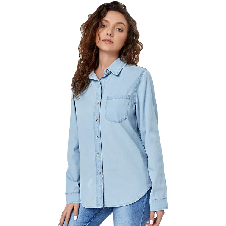Оптовая продажа, Повседневная Женская Джинсовая блузка с заплатками и карманами, женские джинсовые рубашки, джинсовые рубашки