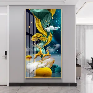 Modern luxury hotel living room decor animal Crystal Porcelain Painting wall art with Aluminum Frame gold deer art painting