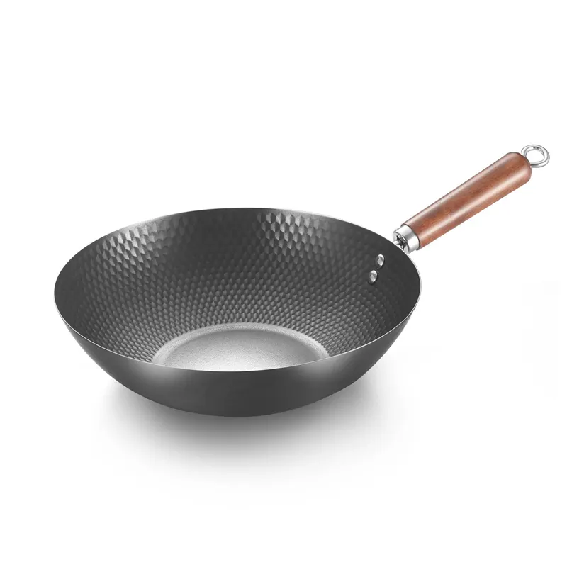 Grande Aço Carbono Wok Flat Bottom Wok com Tampa e Cabo de Madeira Adequado para Todos os Cooktops Wok Cozinha Saudável