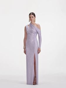 Gaun Pesta Lavender A11605 Satu Bahu Berpayet - Gaun Malam Formal Lengan Panjang Asimetris dengan Belahan Tinggi - Product Image 1