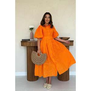 Robe plissée orange à manches ballon, tenue de soirée formelle, sexy, été, taille unique XS-6XL avec fermeture éclair décorative - Product Image 5