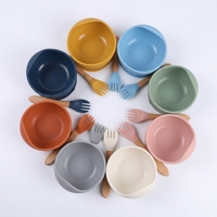 Ensemble bol et fourchette en silicone Stay Put, assiette d'apprentissage anti-déversement avec ustensile à manche en bois pour les tout-petits