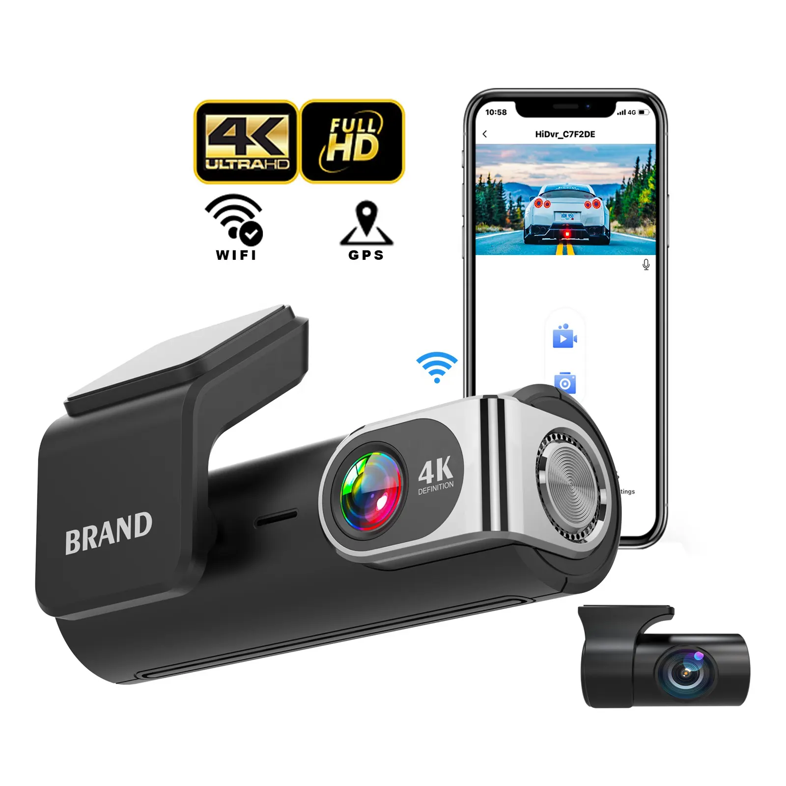 4K Dash Cam ด้านหน้าและด้านหลัง, 4K Dashcam รถ + กล้องสํารอง 2k ในตัว WiFi GPS, กล้องแดชคู่สําหรับรถยนต์