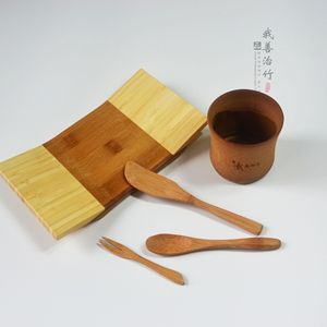 Bamboo Tableware Set With Cup Spoon Knife Fork For Tea And Dessert Reusable Natural Color - Product Image 4