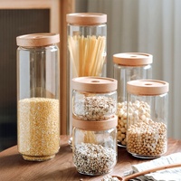 Ensemble de pots de stockage en verre pour pâtes biscuits épices, cuisine élégante, sans danger pour les aliments, avec couvercle hermétique en bois de hêtre empilable