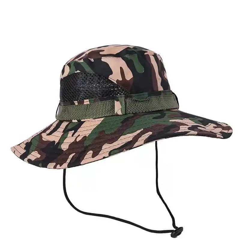 Sombrero de cubo de camuflaje de malla transpirable de algodón con logotipo personalizado con hilo de ala ancha Camo Fisherman Sun Fishing Cap