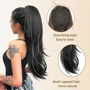 Extensions de cheveux synthétiques ondulées naturelles de 24 pouces avec cordon de serrage, extensions de cheveux à enrouler, extensions de queue de cheval pour femmes - Product Image 2