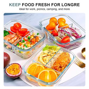 3 Compartment Glass Bento <b>Box</b> Meal Prep Containers with Lids for Back to School Food Storage - Product Image 2