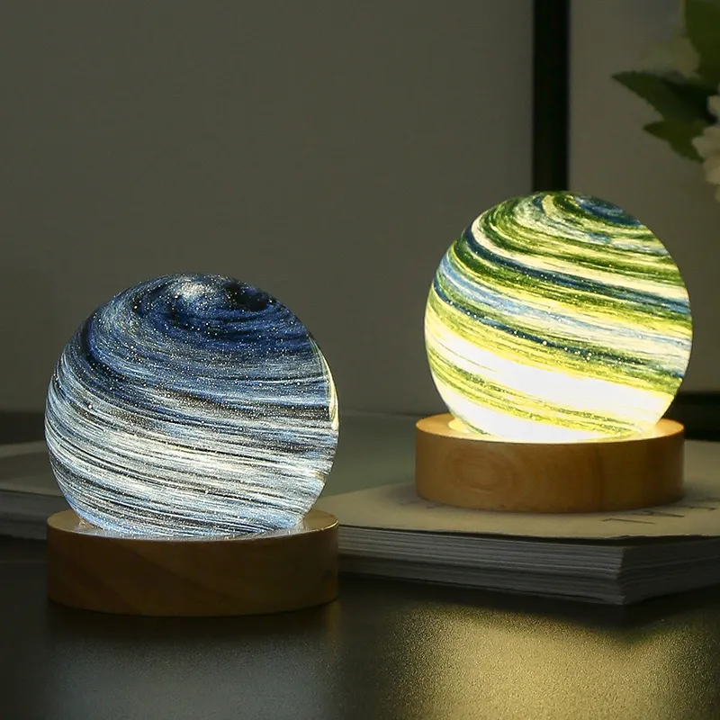 USB Powered Atmosphere Planet Mini Night Light Desk 3D Moon Glass Lamp With Wooden Stand For Birthday Christmas Gifts