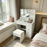 Ensemble Coiffeuse LED Moderne 2026 avec Miroir Lumineux, 5 Tiroirs de Rangement, Tabouret Rembourré, Blanc, pour Chambre d'Hôtel, Facile à Assembler