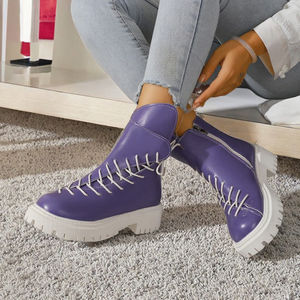 Bottines pour femmes, mode automne/hiver, avec double design (fermeture éclair latérale et lacets), bout rond, semelle en caoutchouc - Product Image 2