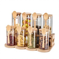 Set Botol Bumbu Lintas Negara dengan Tutup Bambu PVC, Sendok, Aman untuk Microwave, Sembilan Buah, Wadah Penyimpanan Teh