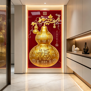 Wholesale Custom Red Background Golden Gourd Wall Art <b>Framed</b> Chinese New Year Blessing LED Crystal Porcelain <b>painting</b> Gift Decor - Product Image 4