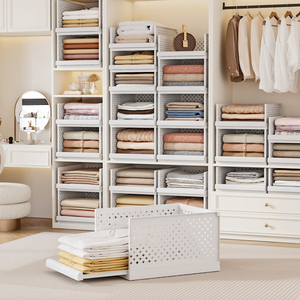 Panier de rangement coulissant pliable en <span class=keywords><strong>plastique</strong></span> empilable avec roulettes, à tirer et pousser à une main, avec panneau coulissant indépendant - Product Image 4