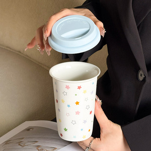 <b>Cute</b> Heart Printet Coffee Cup Striped Ceramic Travel <b>Mug</b> with Silicone Lid - Product Image 4