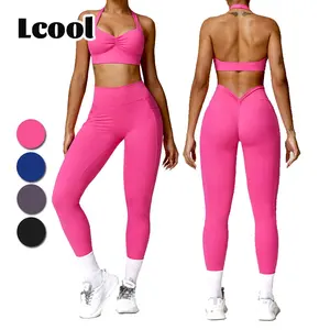 Lcool Custom Logo Seamless Activewear Gym Fitness Sets halter sports bra Nylon 2 Piece Yoga athletic wear Set For Women