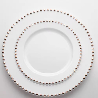 Assiette avec garniture de perles dorées, ensemble de vaisselle domestique en plastique pour banquets de mariage, steak et dessert
