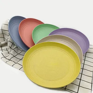 재활용 북유럽 스타일 다채로운 음식 플라스틱 라운드 플라스틱 저렴한 우아한 파티 플레이트 세트 밀 짚 접시 접시 도매