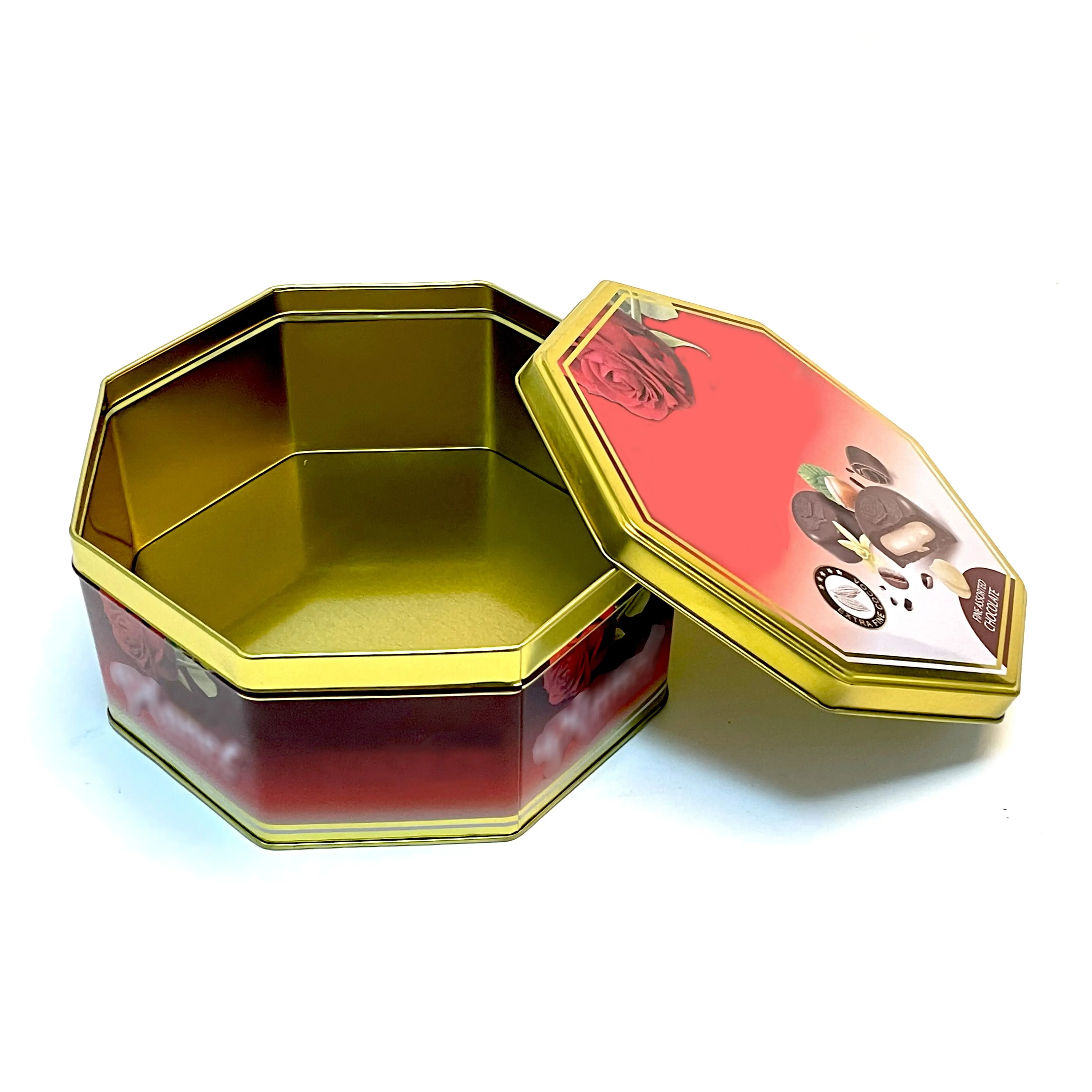 Caja de lata de metal octogonal para galletas, embalaje de lata de calidad alimentaria de lujo
