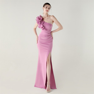 33669 #   Vestido de Noche Sexy con Abertura Alta, Diseño de Onda, Satén Brillante, Un Hombro Descubierto, <span class=keywords><strong>para</strong></span> Cena, Fiesta, Boda, Redes Sociales - Product Image 3