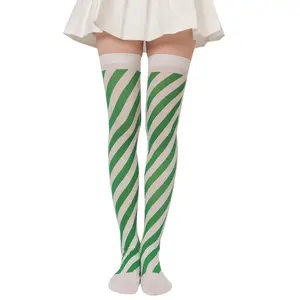 Candy Cane Diagonal Striped Over Knee Long Socks Christmas Holiday Thigh High Stockings Hosiery for Women and Girls Stocking