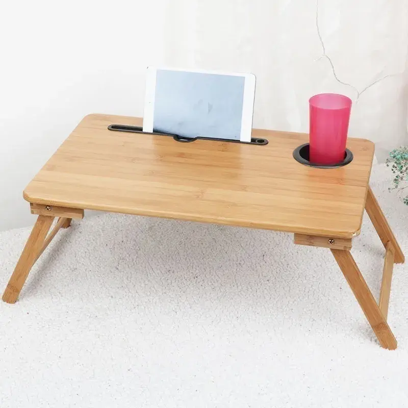 Portable Custom Bamboo Folding Laptop Table with Pad and Bottle Holder for Bed
