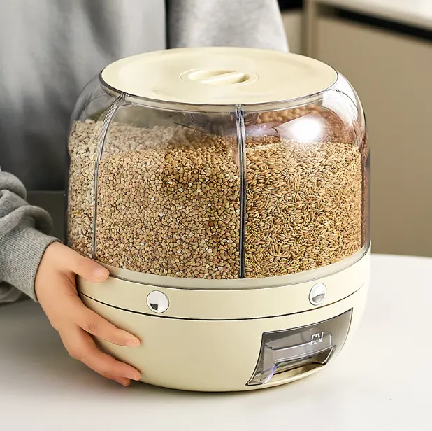 Distributore di riso cucina rotonda a prova di umidità 6-Grid rotante distributore di cereali per alimenti scatola di immagazzinaggio di cereali Dispenser per contenitori di riso