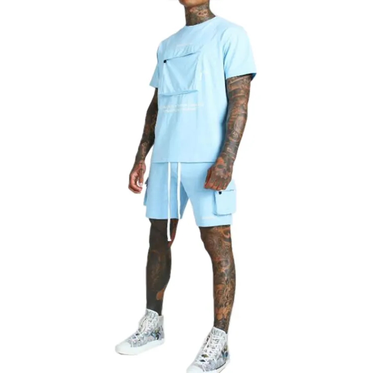 Summer Crewneck Shirt and Shorts Set for Men Cotton Workout Male Sweat Suit Cargo Pocket T-Shirt & Short Set