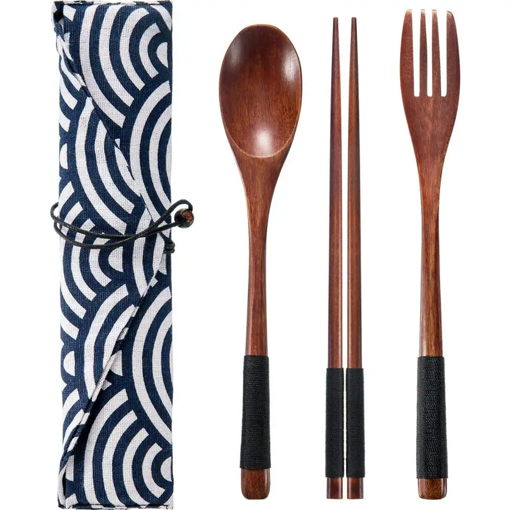 Wooden Flatware Tableware Cutlery Set Travel Utensils Tied Line Reusable Flatware, Wooden Fork Spoon Chopsticks