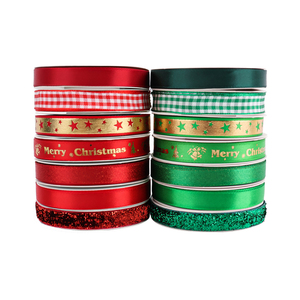 Set Pita Poliester Cetak Motif Kotak-Kotak Natal Berkualitas Tinggi 1cm untuk Pembungkus Kado, Dekorasi DIY untuk Pita Hijau/Merah - Product Image 1