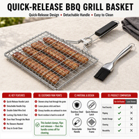 Outil de barbecue d'extérieur, panier de barbecue pliable pour le camping, panier de barbecue portable en acier inoxydable avec poignée en bois, brosse à barbecue pour le poisson