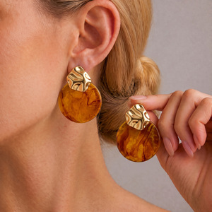 Boucles d'oreilles en acier inoxydable 304, résine dégradée, géométriques, rondes, de luxe, anti-allergie, plaquées or 14 carats, vente en gros - Product Image 2