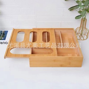 Caja organizadora de bolsas de basura de cocina de bambú y madera, organizador de film transparente y bolsas de plástico, caja de almacenamiento con compartimentos de bambú - Product Image 2