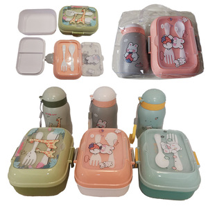 Boîte à lunch et gourde pour enfant, motif quadrillé mignon, en plastique, dessin animé, ensemble boîte à lunch pour enfant 700 ml et gourde avec sac en PVC - Product Image 4