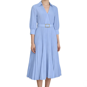 D472 Elegante Abito Lungo Casual <span class=keywords><strong>da</strong></span> Donna, <span class=keywords><strong>Vestito</strong></span> Primaverile alla Moda con Scollo a V, Plissettato, Maniche Lunghe, Logo sul Retro, Abito Tinta Unita con Cintura - Product Image 3
