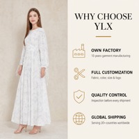 Robe longue plissée droite à imprimé floral bleu personnalisé pour femme, col bateau, poignets à nouer, en mousseline, style modeste, OEM ODM, marque privée, tenue musulmane