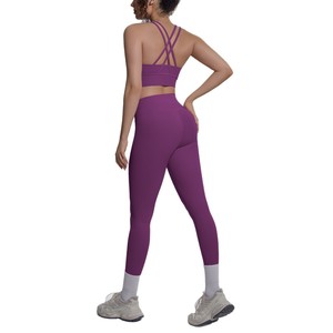 Ensemble 2 pièces de sport moulant en nylon respirant double face, couleur unie, dos croisé, effet seconde peau, pour la course, le fitness et le yoga - Product Image 5