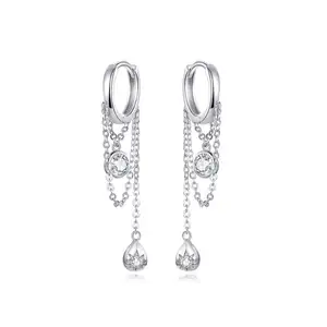 SCE638 Chất Lượng Tốt Nhất Phổ Biến 925 Mạ Bạc Huggies Tassel Chain Cz Zircon Đá Hoop Dangle Earrings Phụ Nữ