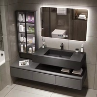 Meuble-lavabo mural noir mat double couche, style minimaliste, grande capacité, personnalisé pour projets hôteliers (vente en gros)