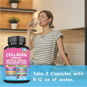 Collagène Biotine Vitamine Acide Hyaluronique Antioxydant Tout-en-un pour la santé des cheveux, de la peau et des ongles des femmes adultes, stimulant l'énergie, 90 capsules - Product Image 3